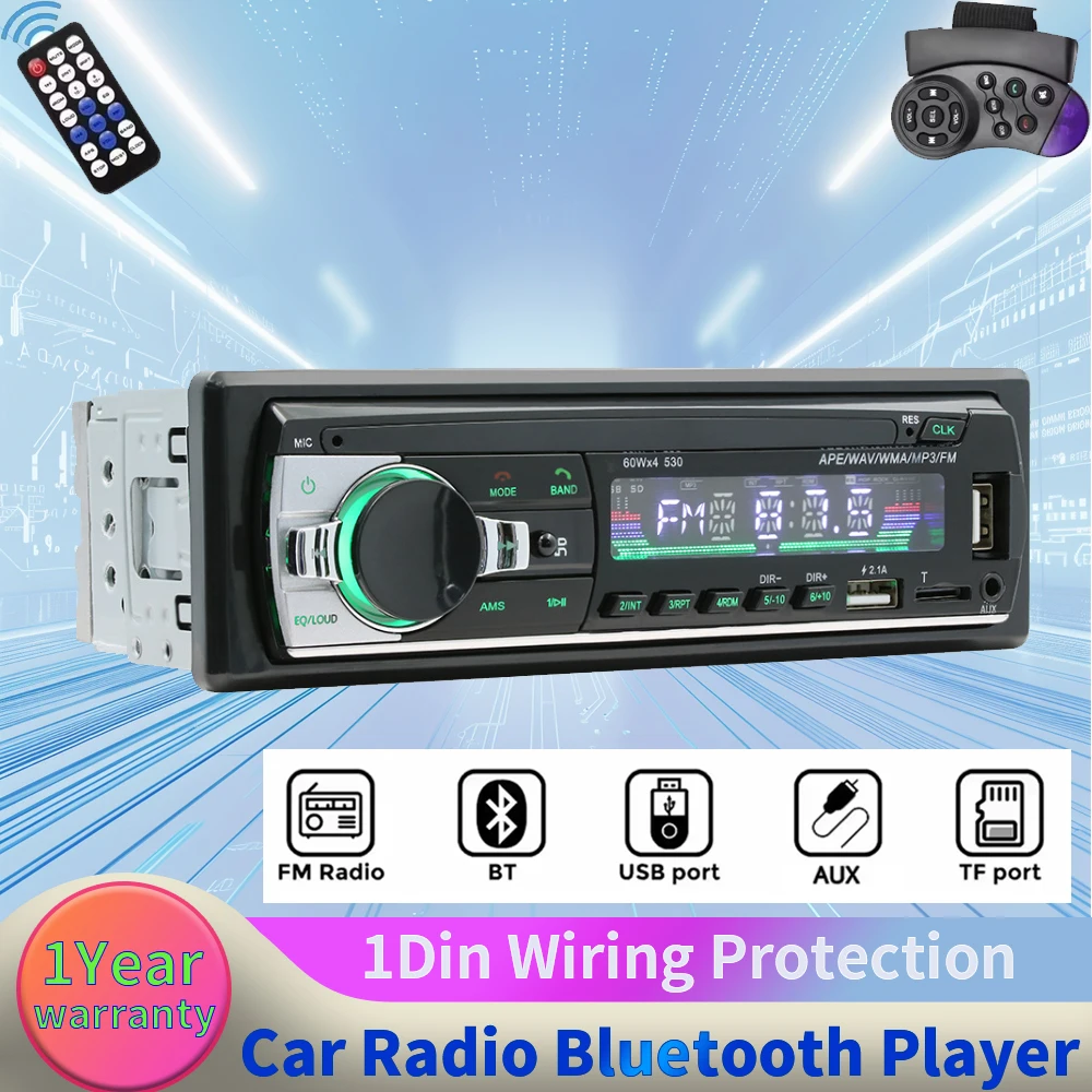 1 Din Car MP3 Player with 7 Colored Lights FM Radio AI Voice Control Power Protection Stereo AUX USB Auto Radio