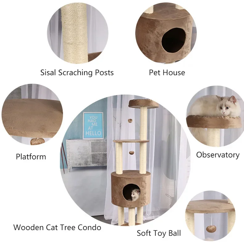 Wooden Cat Tree Condo with Natural Sisal Rope Scratching Post  for Cats Kittens Activity Tower Pet Play House Furniture Indoor