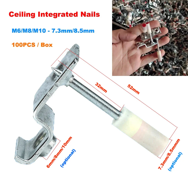 100PCS/Box M6/M8/M10 Ceiling Integrated Nails for 7.3mm/8.5mm Pneumatic Ceiling Nail Gun Woodworking Fixed Peg Ceiling Tool