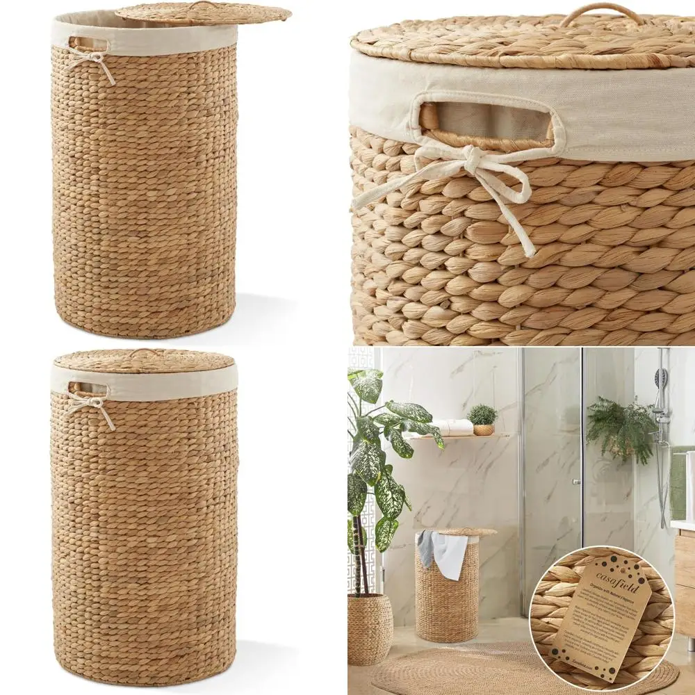 Cesto para la colada de jacinto de agua tejido natural con tapa y forro extraíble para ropa
