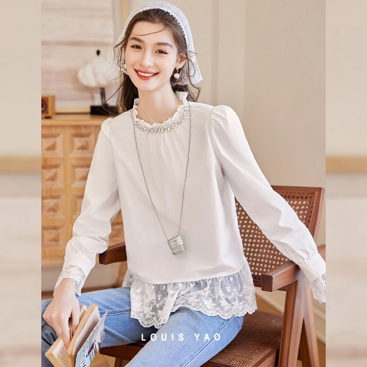 

LOUIS YAO Women's Blouse 2026 Spring/Autumn Fashion Ruffle Shirt Patchwork Stand Collar Puff Sleeve Long Sleeve Blouse