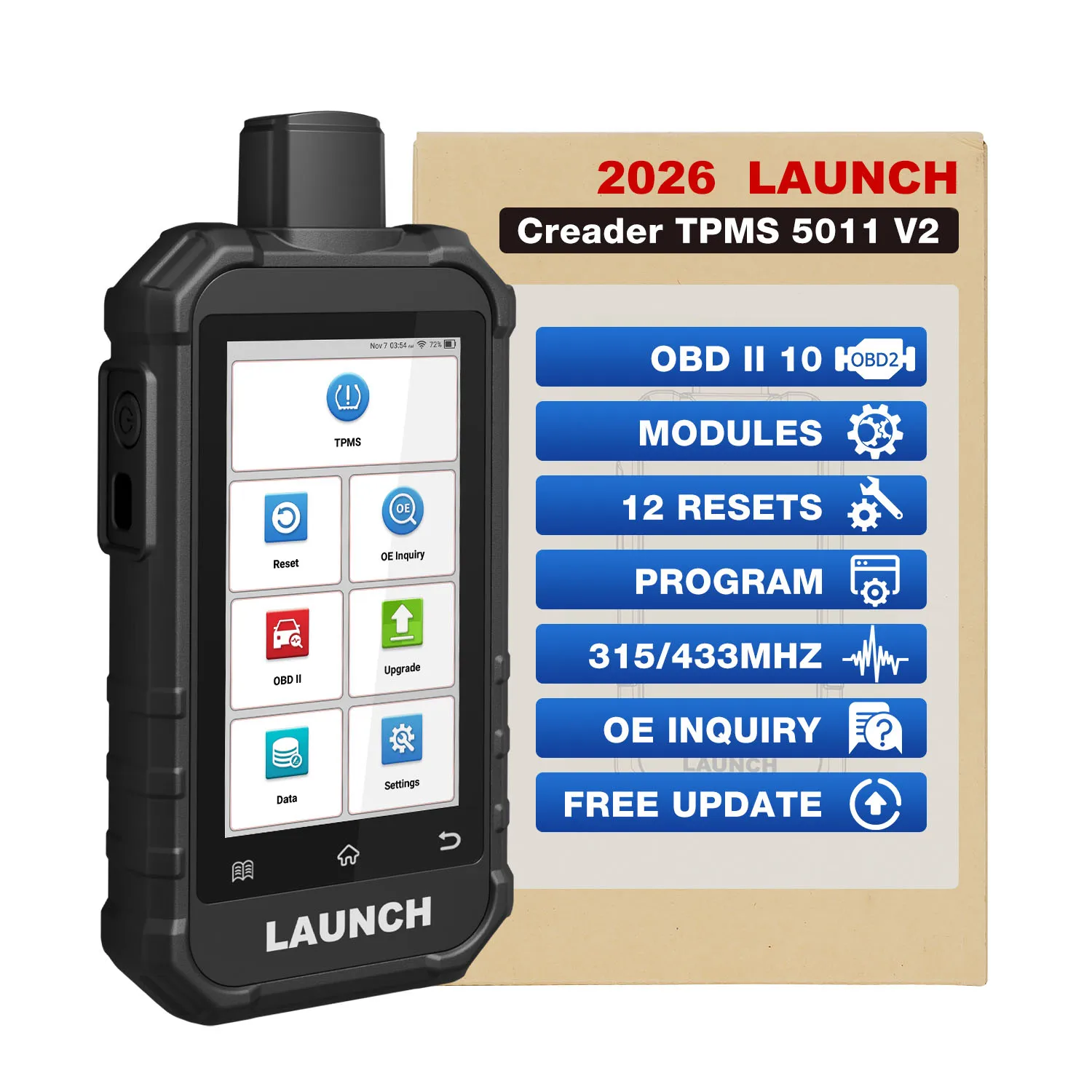 Image of LAUNCH X431 Creader 5011 V2 TPMS-Tool TPMS-Sensor (315+433MHz) Lesen/Aktivieren/Neueinlernen/Resetten Scanner-Tool mit 12 Reset-Services
