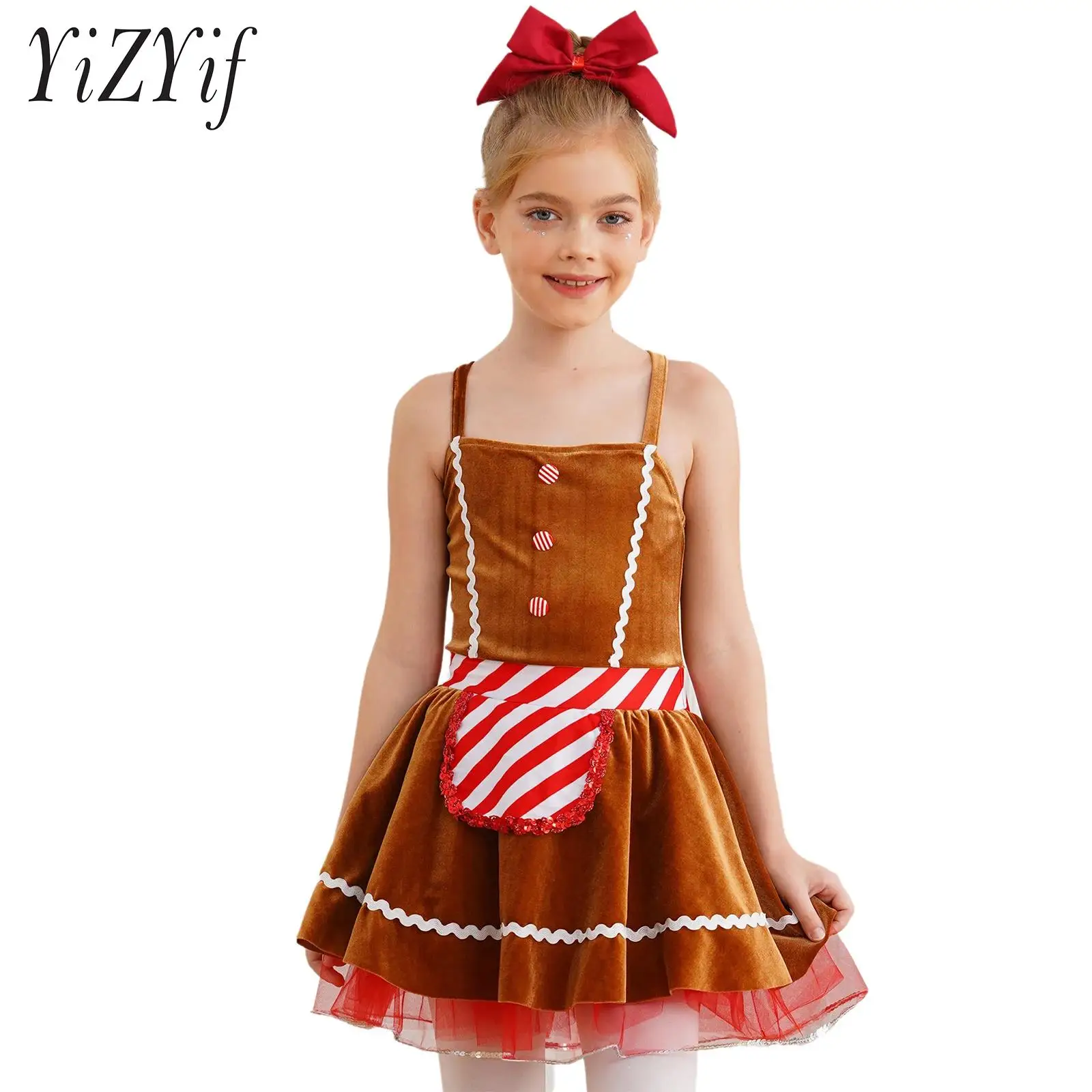 Costume de Cosplay Homme Pain d'Épices de Noël pour Enfant Fille, Bretelles Spaghetti, Robe en Velours Marron, Couche Froncée, Costume de Batterie avec Bas