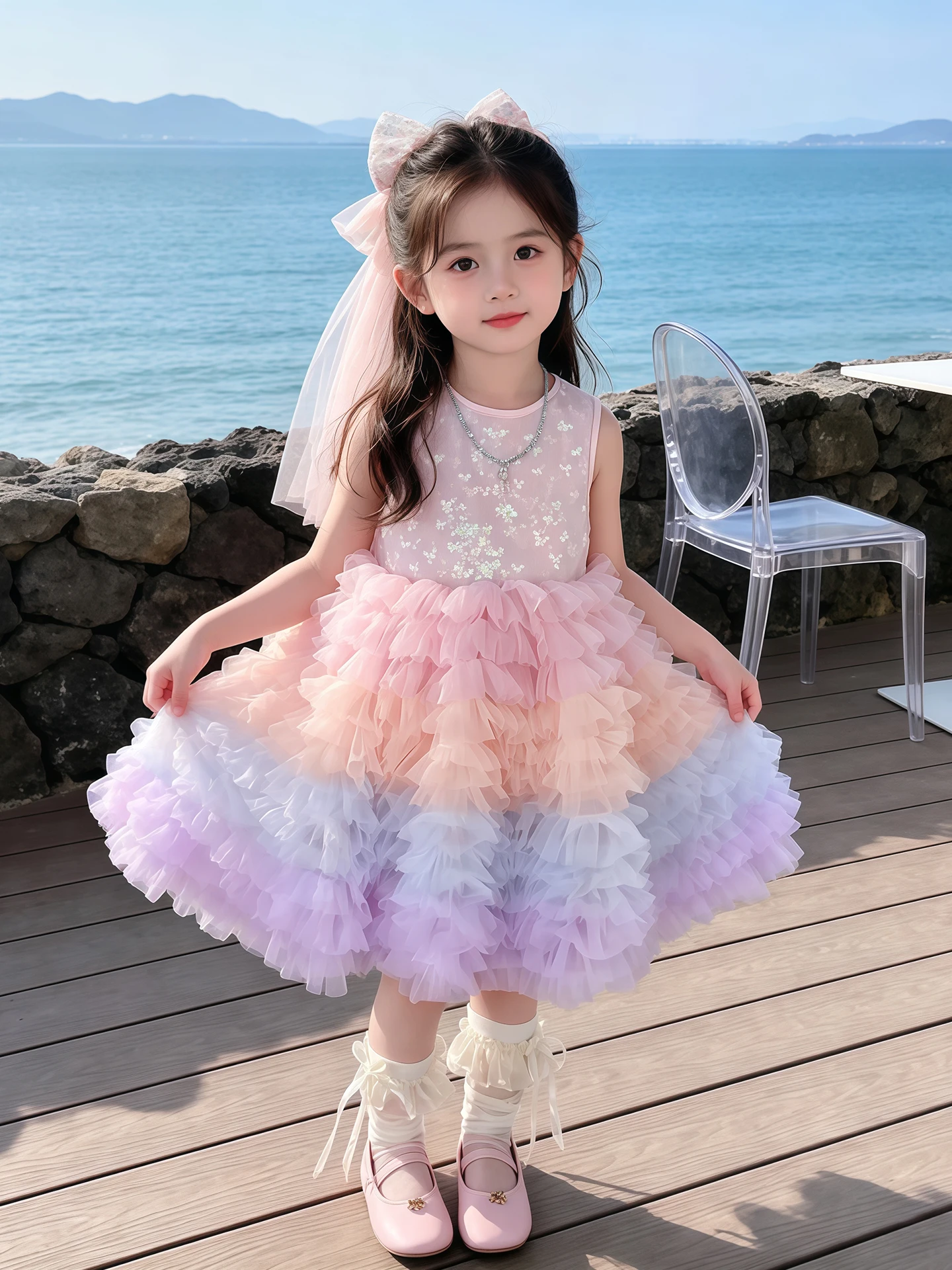 Saia de Princesa Gradiente para Meninas, Saia Rodada Infantil de Verão, Saia de Camadas, Vestido de Aniversário, Saia de Tule...