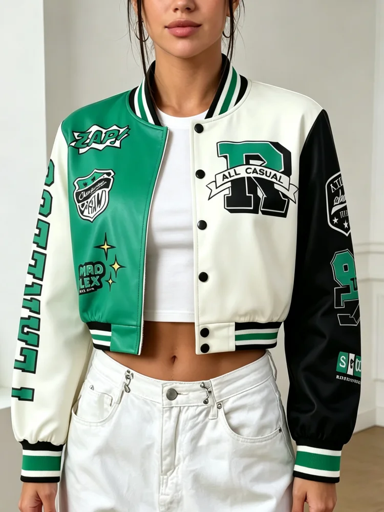 Women's Color Blocked Jacket, Letter Printed Baseball Collar, Long Sleeved Zipper Streetwear, Casual Short Baseball Jacket