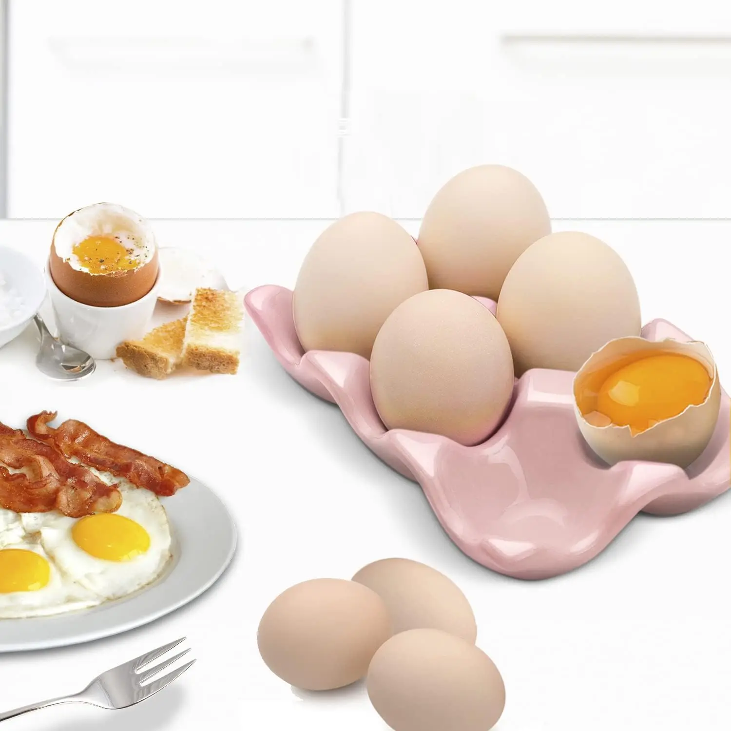 Bandeja para 6/12 Huevos, Contenedor de Porcelana para Media Docena de Huevos, Organizador de Almacenamiento Decorativo para Refrigerador y Encimera