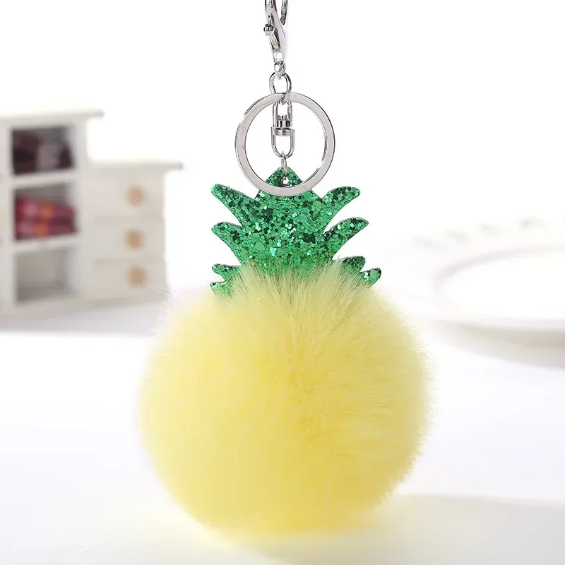 Fluffy Faux Fur Ball Pompom Keychain Women Bag Charms Christmas Tree Pineapple Key Ring Trinket Car Keyring Chains 2C0322