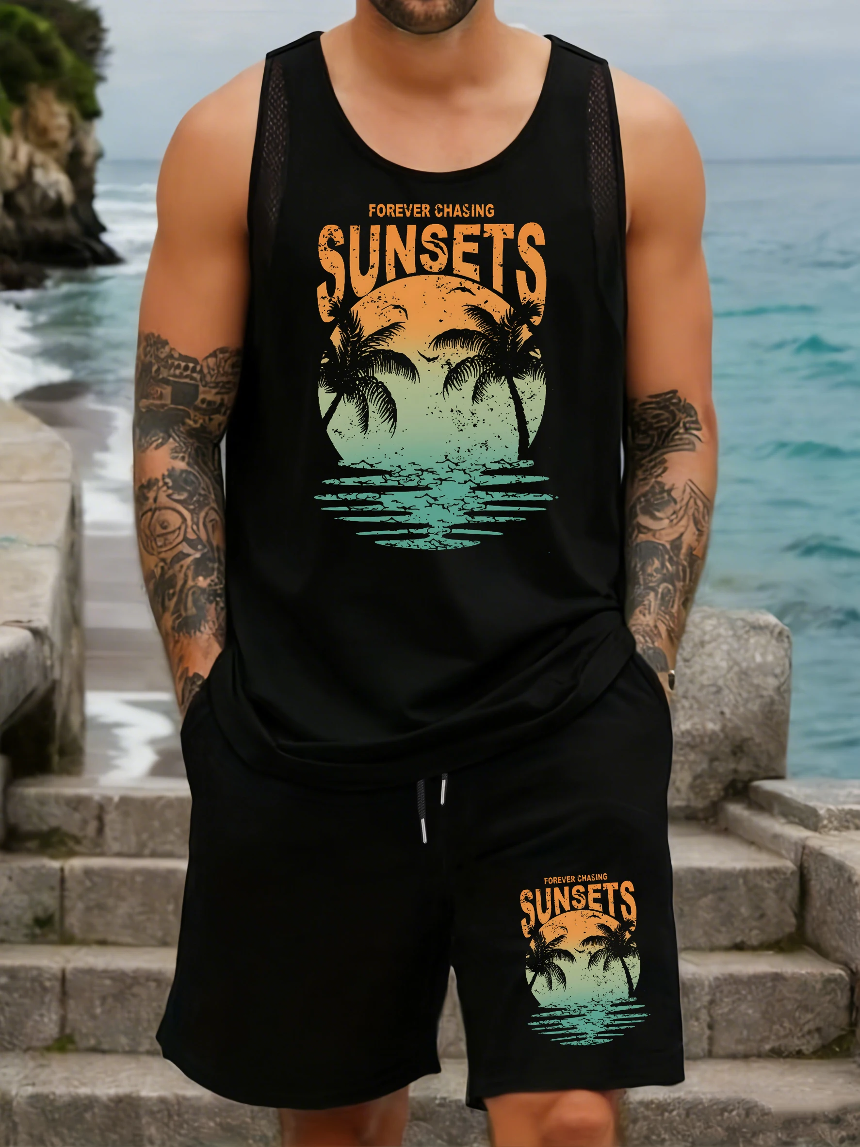 

Мужской комплект Forever Chasing Sunsets: майка с принтом кокосовых пальм и летние широкие шорты с карманами на шнурке