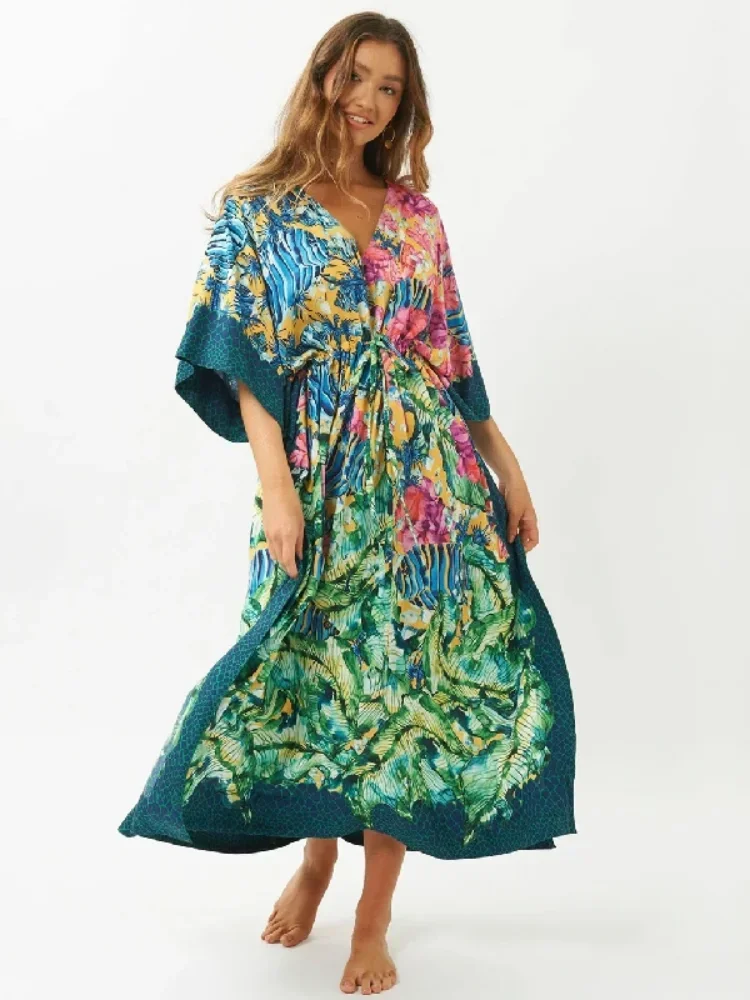 

2024 Green Bohemian Printed Bats Sleeve High Waist Summer Beach Dress Tunic Women Clothing Beachwear Kaftan Maxi Dresses N1087