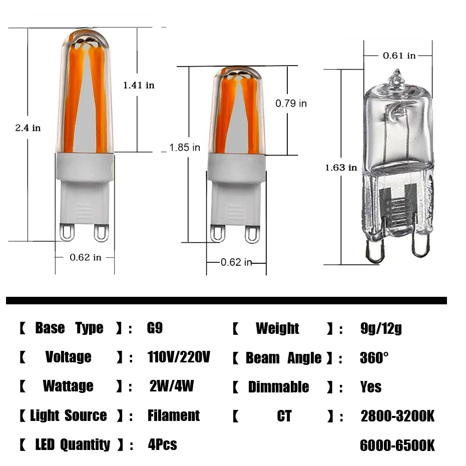 G9 LED Lamp 220V 110V Bulb 2W 4W Filament COB super bright Chandelier light Replace 20W 30W Halogen free shipping