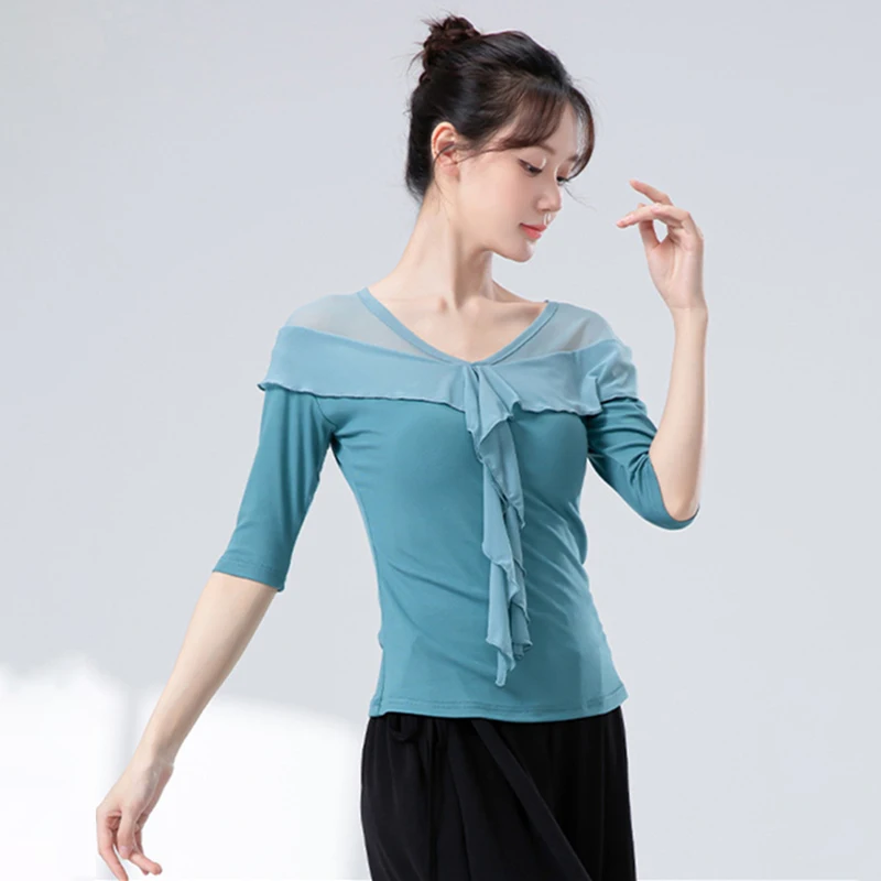 Classical Dance Top Women Middle Blouse Spliced Gauze Mesh V-Neck Shirt Sheer Yoga Latin Practice Clothes Line Modern Dancewear
