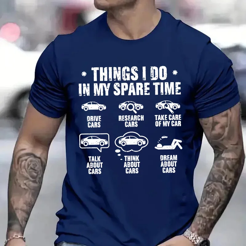 Mens Casual T Shirt Vintage Things I Do In My Spare Time Car Icons Graphic Tees Crew Neck Loose Summer Car Guy Humor Tops