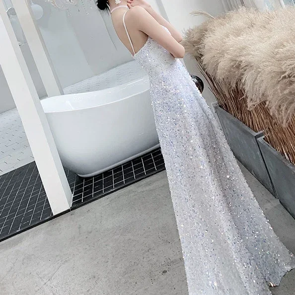 Customized Silver Sequin Camisole Evening Dress Elegant Off-the-Shoulder Women Party Maxi Mermaid Dress Long Prom Gowns 2024 New