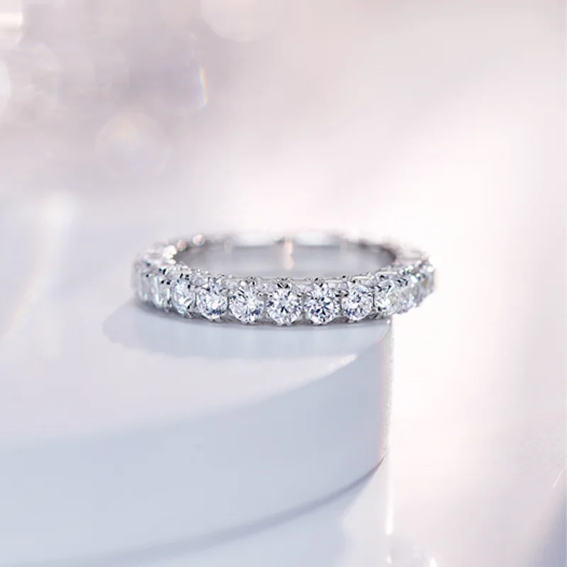 925 Sterling Silver Three Sides Full Moissanite Eternity Band All Around Diamond Wedding Ring Women Bridal Stack Fine Jewelry