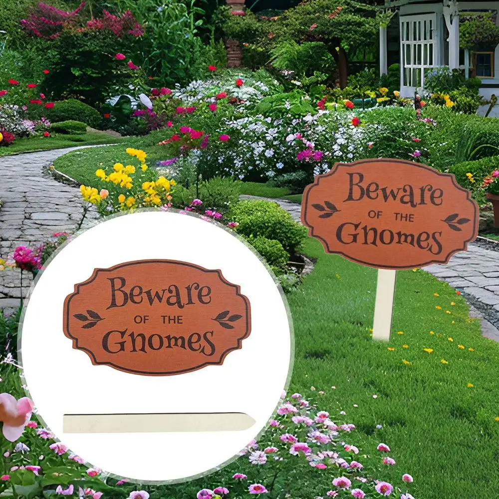 Beware of Gnomes Sign Ground Plug Wooden Ornaments Warning Sign Plug Handmade for Home Garden Patio Yard Farmhouse