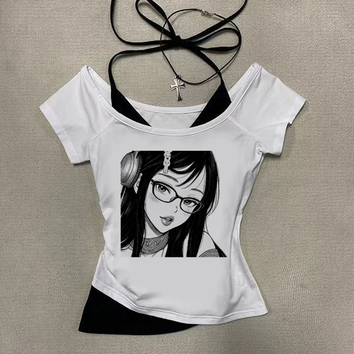 Y2k Anime Printing Tops Women Clothes Casual Harajuku Slim Fit Off Shoulder Short Sleeve Fake Two Piece Halter Lace Up T-shirts