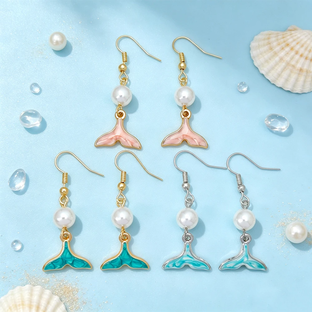 Mermaid Tail Imitation Pearl Long Earrings, Color-Contrasting Enamel Pendant Earrings, Beach Outing Ambiance Accessories