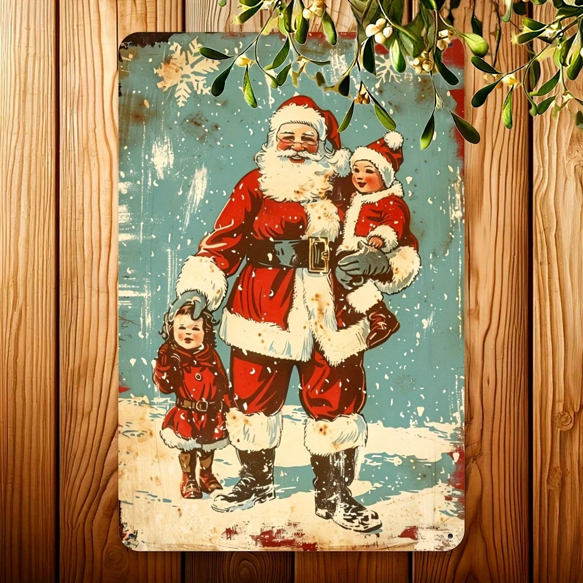 مسطح ثنائي الأبعاد، قطعة واحدة من علامة القصدير الحديدية سانتا كلوز العتيقة مقاس 8 × 12 بوصة - ديكور فني جداري ريفي لعيد الميلاد مع فتحات محفورة مسبقًا، معدن متين #2