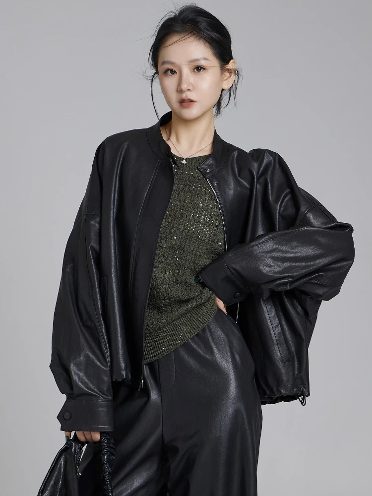 Chaquetas cortas informales de piel auténtica para mujer, abrigo de piel de oveja auténtica negro suave y holgado con cuello levantado Simple de gama alta para primavera y otoño