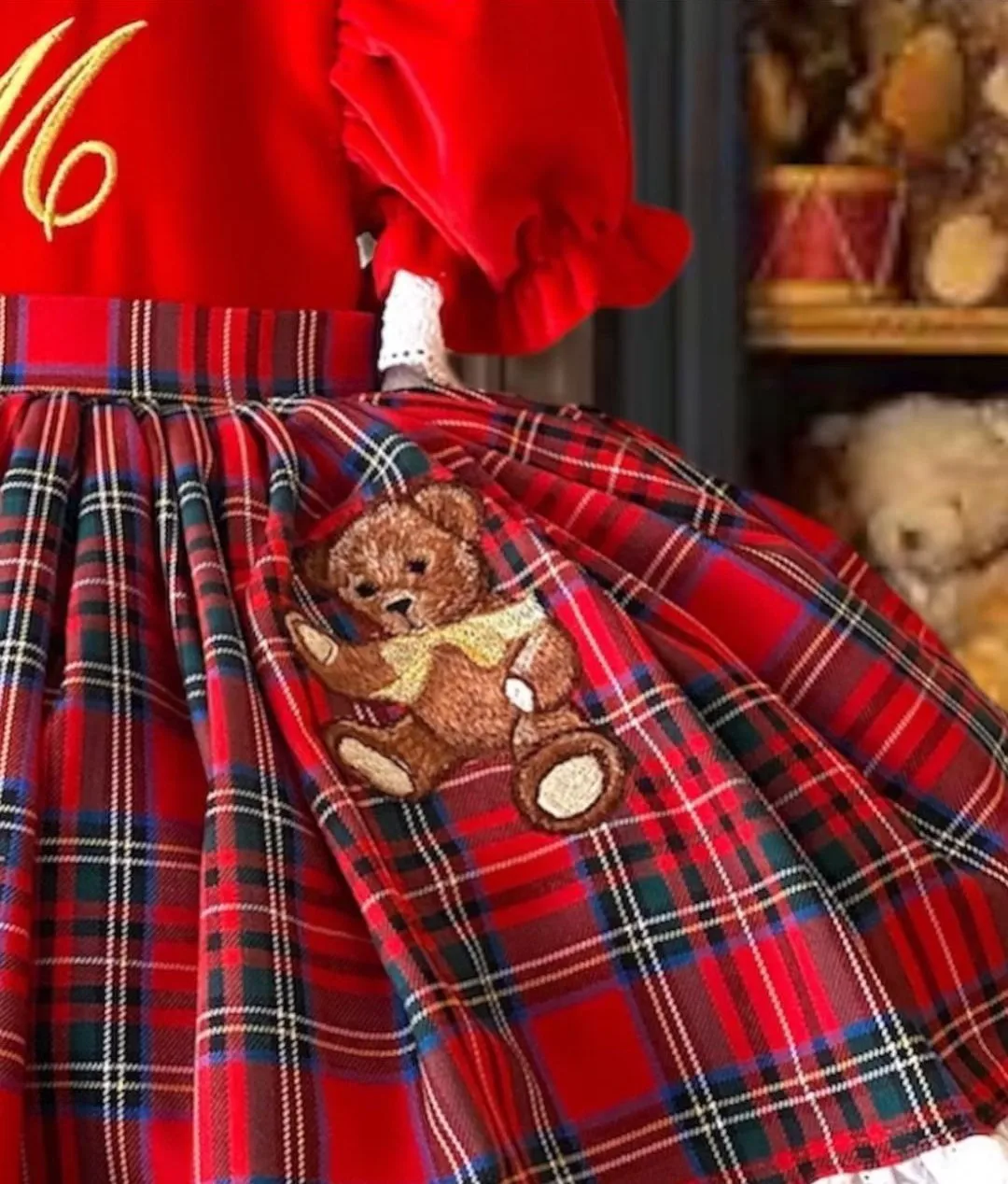 0-12Y Baby Girl Autumn Winter Red Velvet Plaid Bear Embroidery Vintage Spanish Princess Ball Gown Dress for Eid Causal