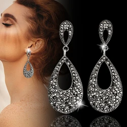 SINLEERY Luxury Vintage Black Cubic Zirconia Long Earrings For Women Evening Party Jewelry ES116