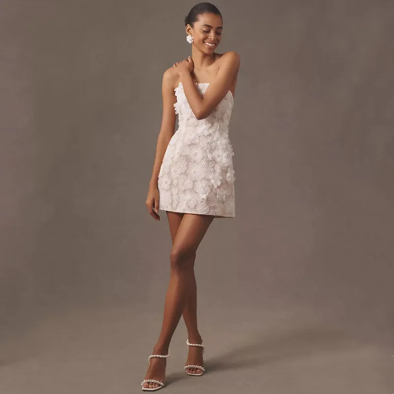 

Love Elegant Mini Appliques Wedding Dresses Simple Sleeveless Strapless Sexy Backless Party Bride Dresses Vestidos Customized