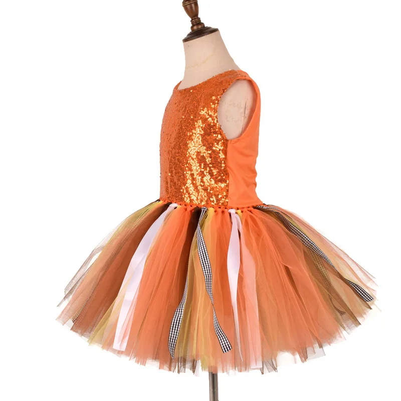 Halloween Girls Pumpkin Themed Party Costumes Cute Funny Outfit Net Yarn Sequin Tutu Dresses Kids Birthday Fancy Dress