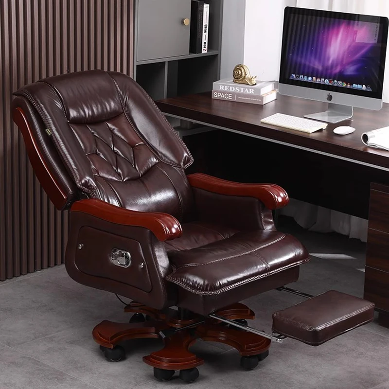 

Leather Chair First Layer Cowhide Large Business Reclining Office Chair Solid Wood Massage Chaises De Bureau Lounge Furniture