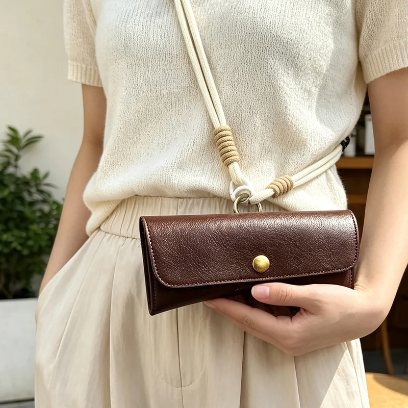 Portable Eyeglasses Storage Bag Glasses Case Hanging Neck Soft Leather Sunglasses Holder Protective Sleeve With Lanyard