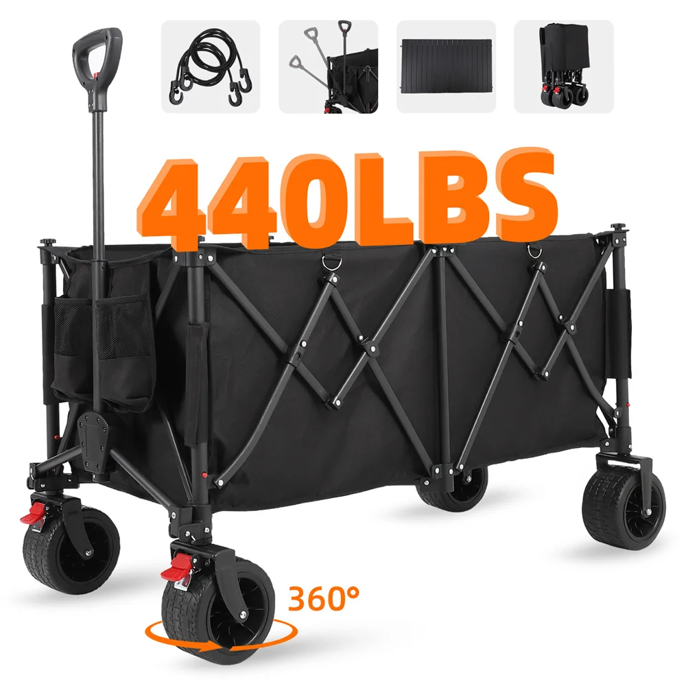 Collapsible Foldable Grocery Wagon with 440lbs Utility Garden Cart with Table Top Cup Pockets Brakes for Camping Shopping