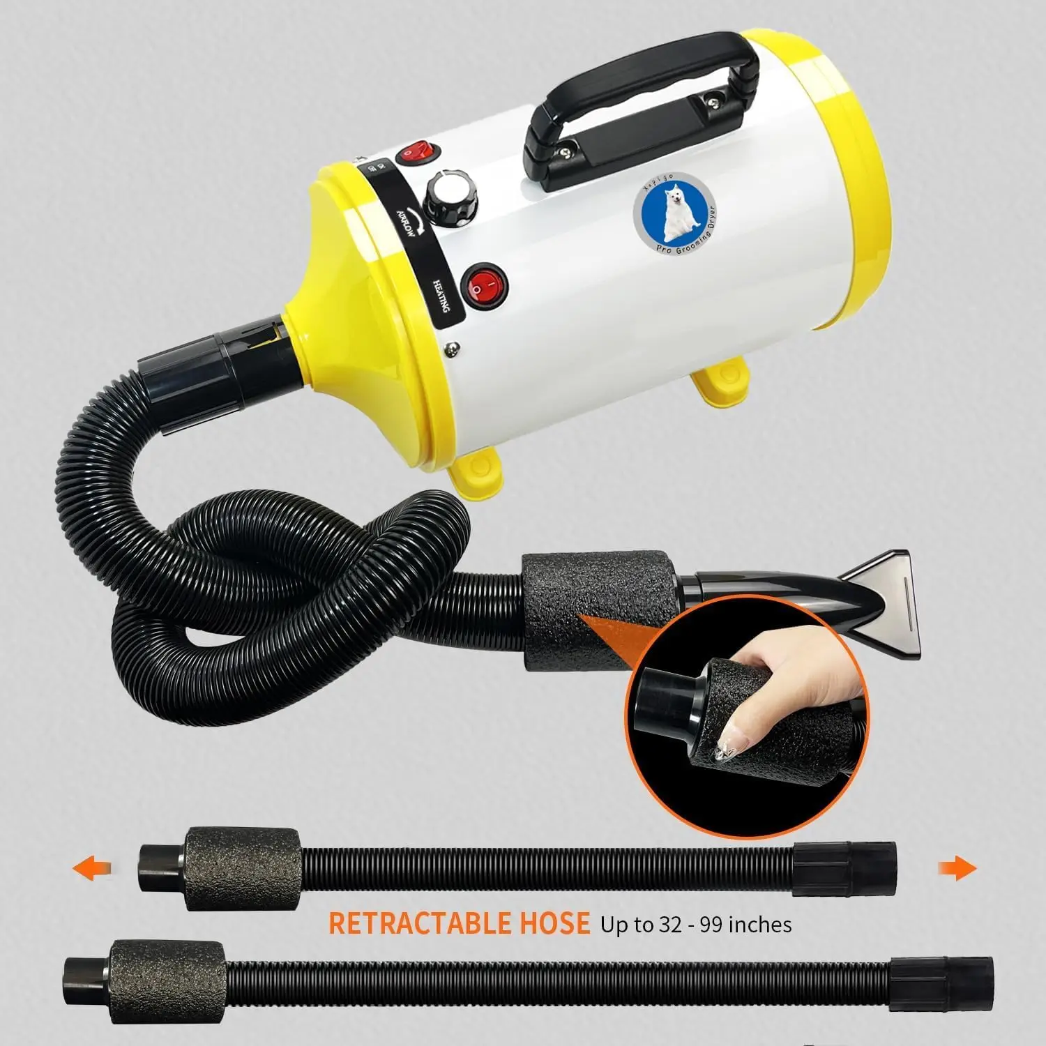 oming Dryer With Adjustable Speed And Temperature Control, Dog Blow Dryer With 4 Nozzles (White Yellow)