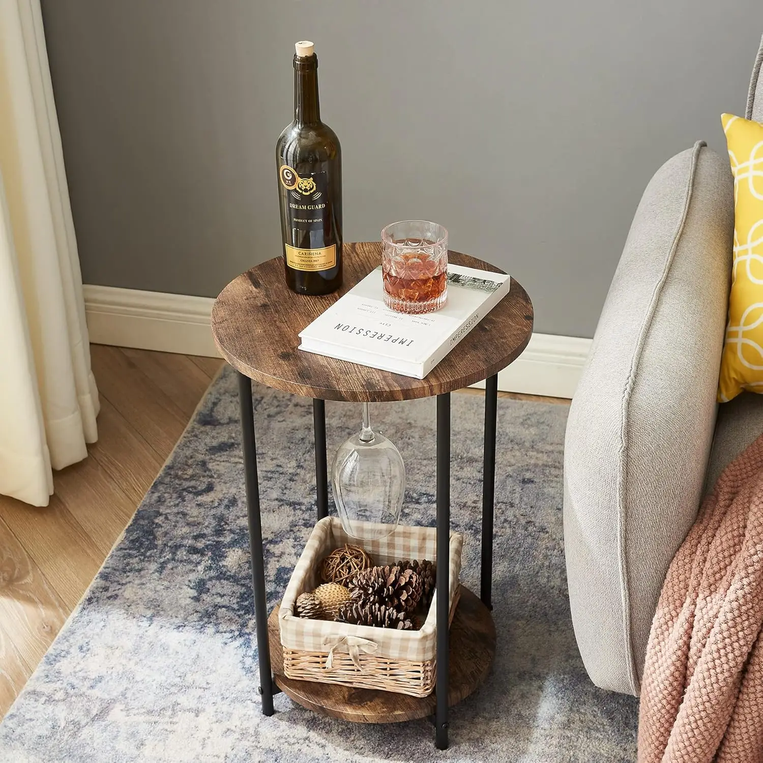 

Набор круглых столов Vecelo из 2 предметов, 2 яруса, полка для хранения, легкая сборка, ночная подставка, промышленная мебель для рамы, деревянный вид