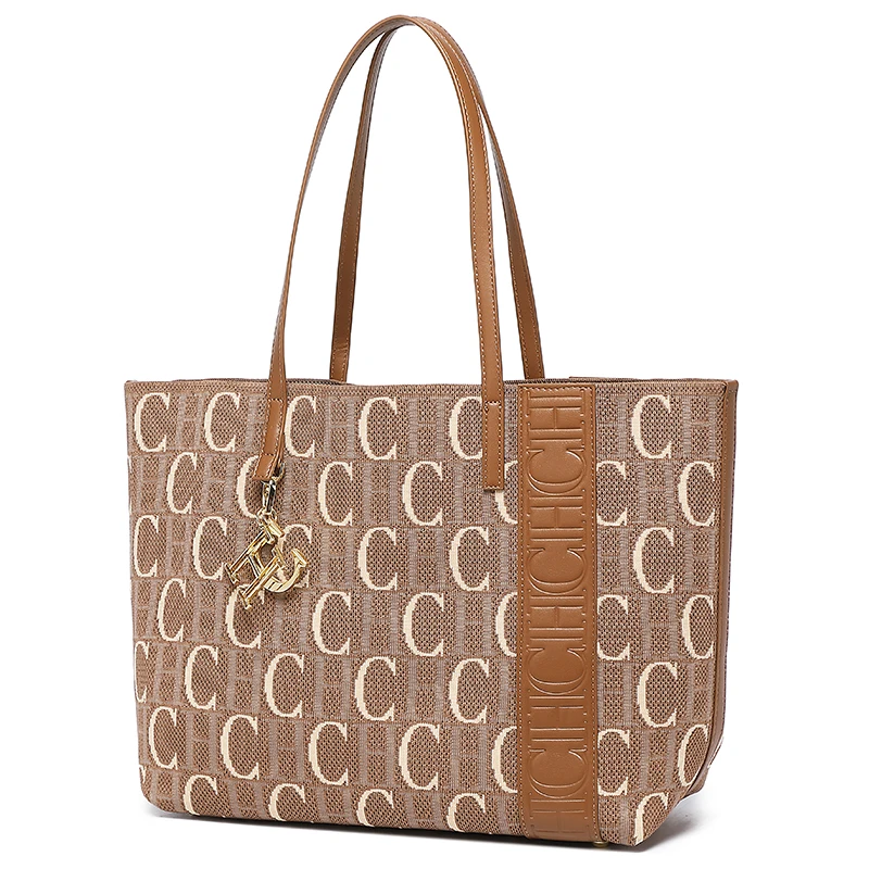 CH Fashion Women's Large Capacity Tote Bag Monogram Embossed Handbag with Metal Daily Commute Work Shoulder Bag image 3