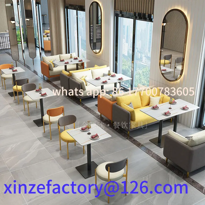 

Modern milk tea shop tables and chairs against the wall sofa booth, sales office negotiation area cafe