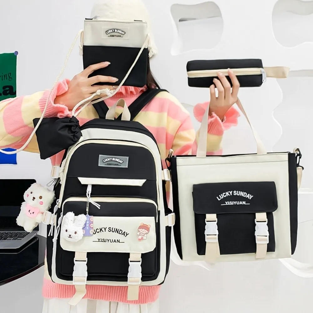 

5 Pcs New Large Capacity Backpack Set Multifunctional Buckle Crossbody Bag Breathable Pencil Bag School