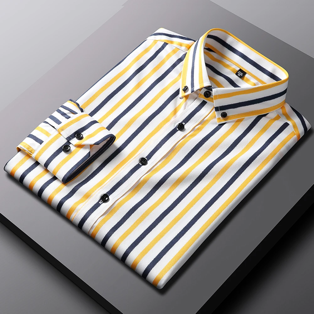 

Мужские рубашки на пуговицах с 4-сторонним эластичным воротником без морщин, деловая повседневная шелковистая полосатая классическая рубашка с длинными рукавами