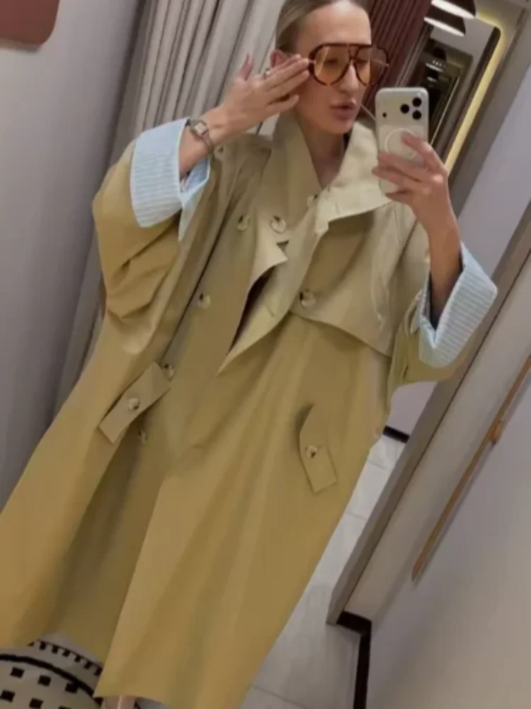 Women Color-block Stripe Long Trench Coat Wide Lapel Loose Drop Shoulder Blue Lining Slit Windbreaker Fall Commute Outing Wear