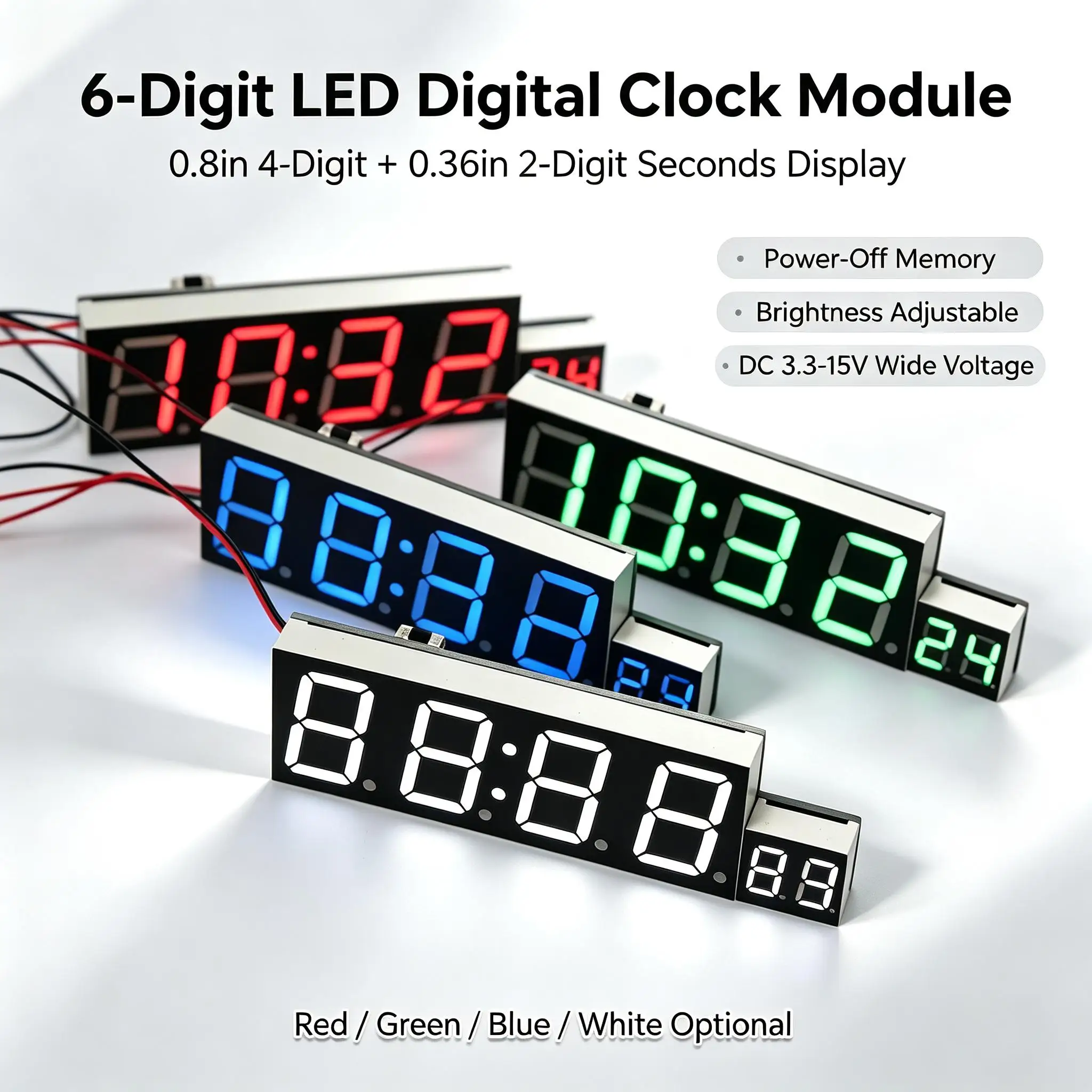 DYKB 0.8in 6-Digit Digital LED Electronic Clock Module Seconds Power-Off Memory 12/24H Brightness Adjust DC5-12V DIY Car Display