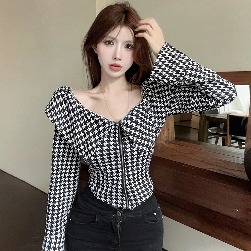 Women Off Shoulder Slim Fit Style Long Sleeve Shirt Top Thousand Bird Plaid Spring Autumn Casual Zipper Sheath Ladies Sexy Sweat