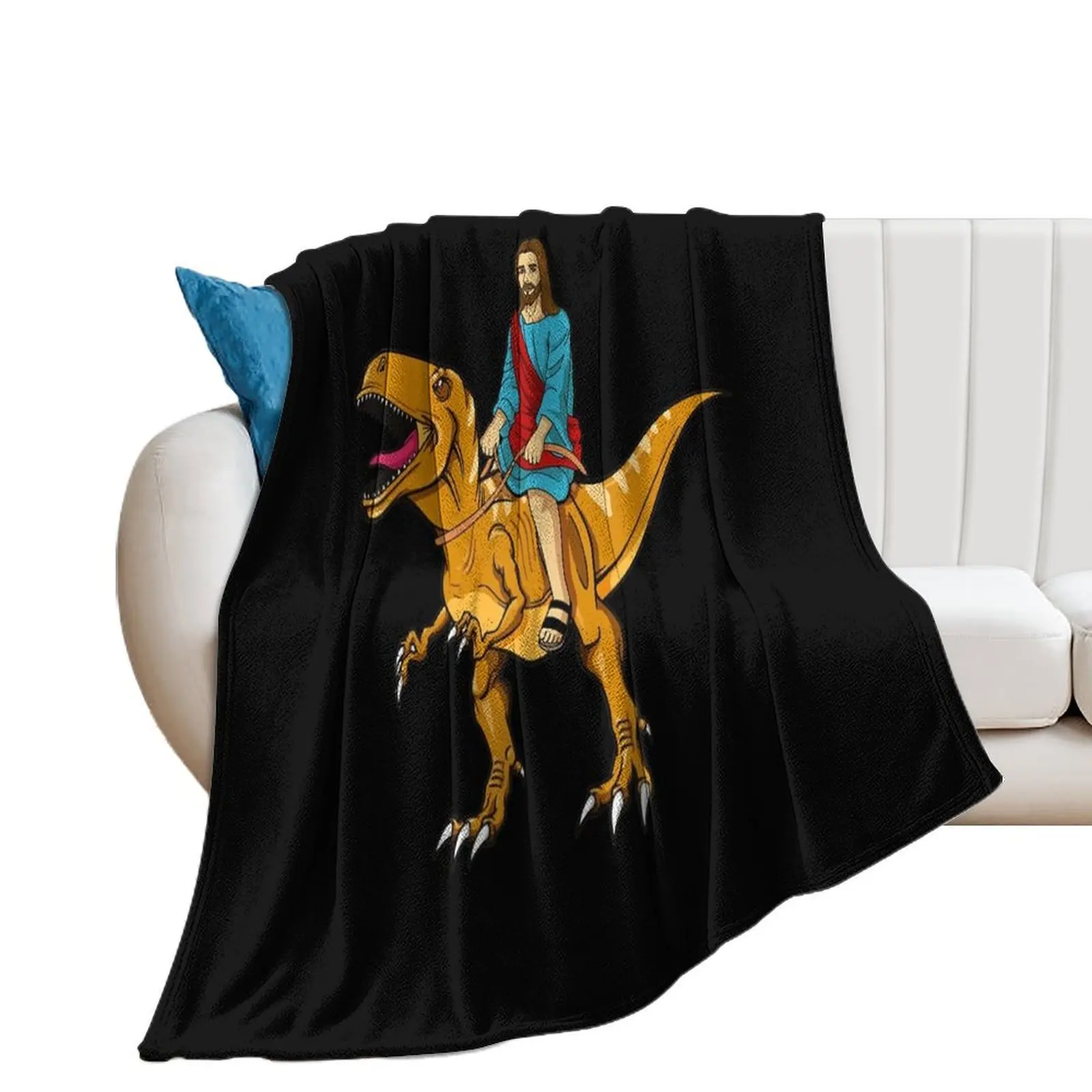 

Funny Parody Jesus Riding Dinosaur Cute meme dino Throw Blanket Flannel Fabric Flannel Blankets