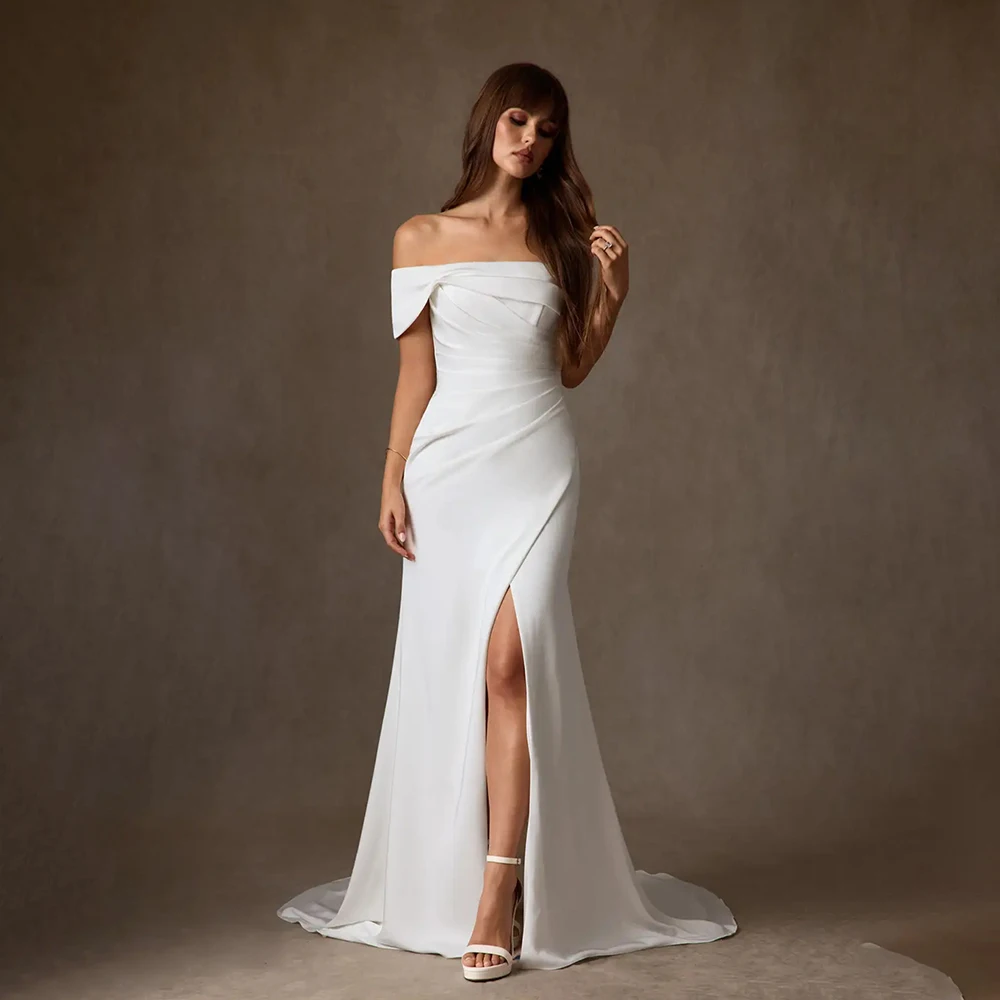 

Elegant Off Shoulder Wedding Dress Pleated Front Split Bridal Gown Sexy Sweetheart Bride Dresses Mermaid Vestido De Noiva Custom