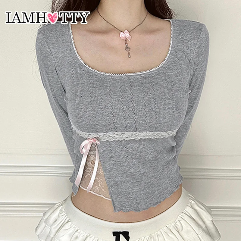 IAMHOTTY Coquette Contrast Lace Patchwork Cropped Top Autumn Spring Slim-fitting Long Sleeve T-shirt Y2K Aesthetic Jacquard Tees