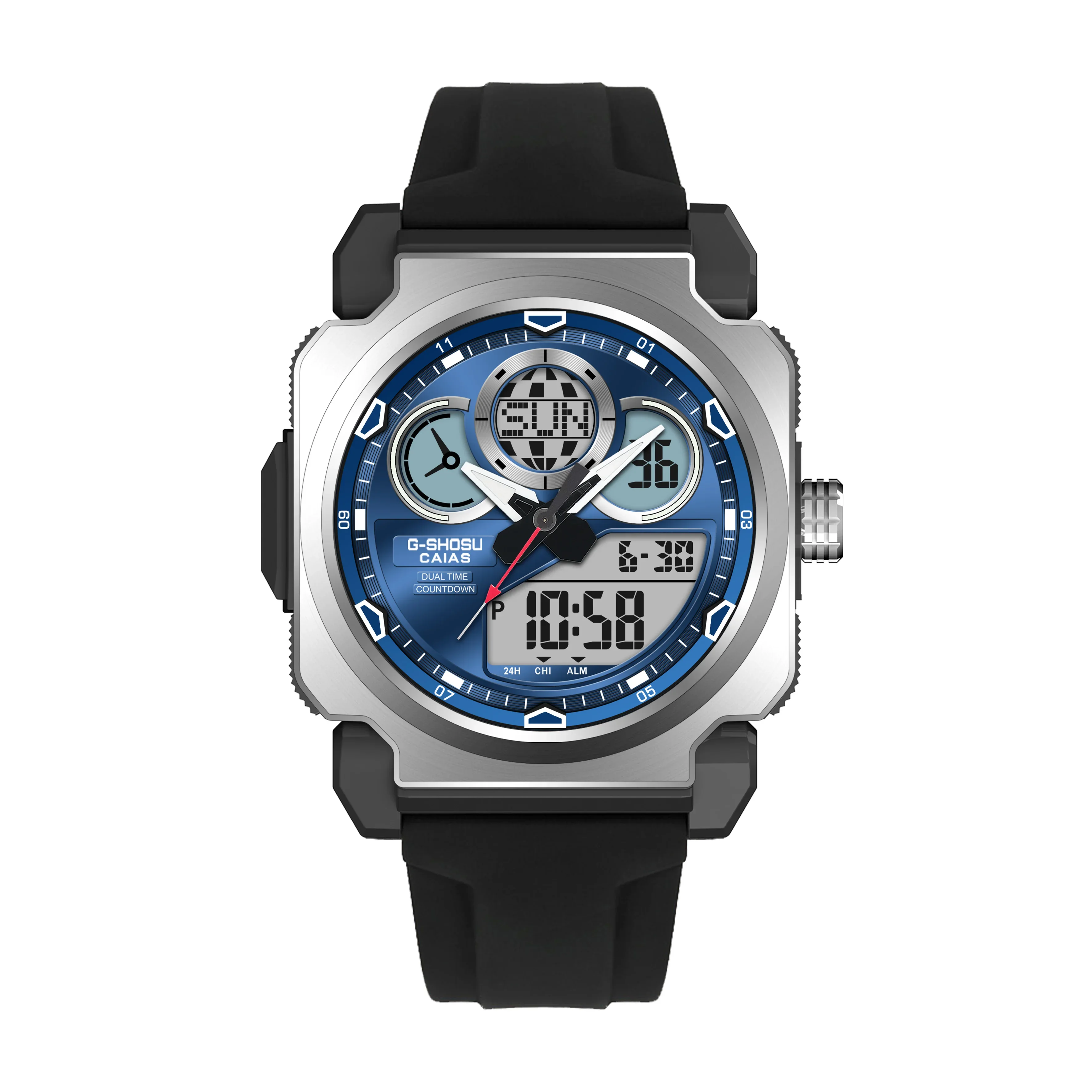 Men's Sport Electronic Digital Watch LED Dual Display World Time Full Function Alloy Square Dial Oak Series