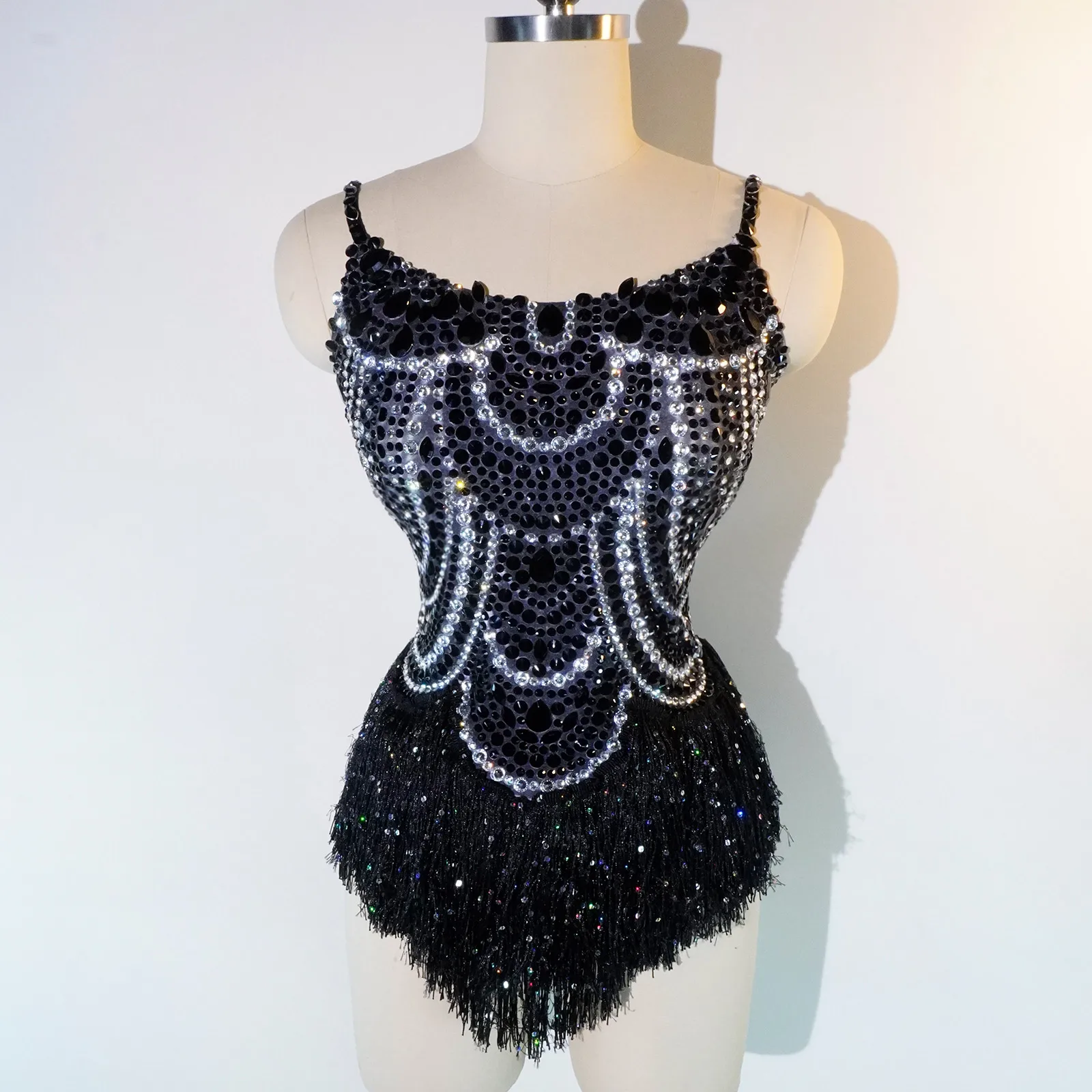 

Fashion Sexy Black Rhinestone Fringes Slip Bodysuit Women Adult Birthday Party Bar Stage Performance Outfits Team Dance Costumes