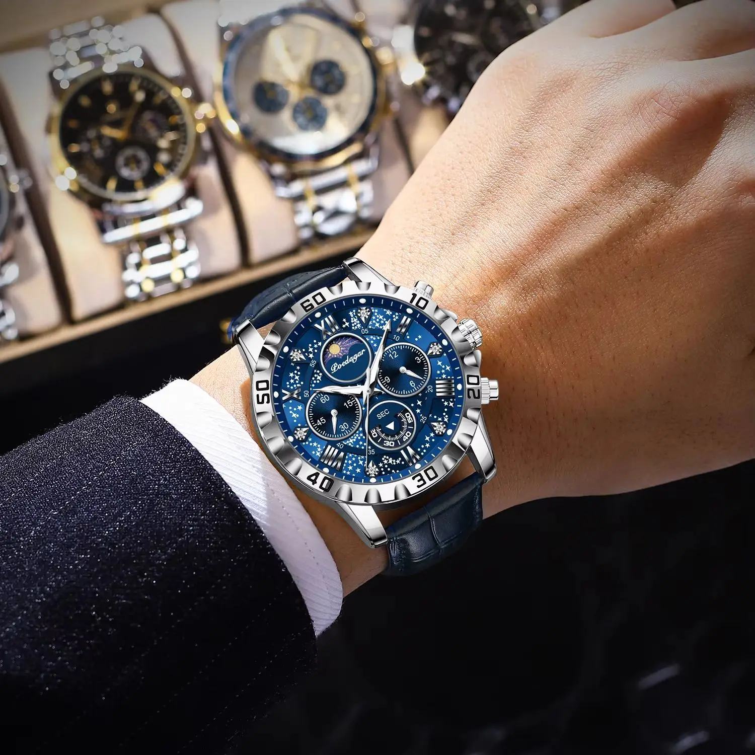 POEDAGAR العسكرية رجل ساعة اليد مقاوم للماء مضيئة كرونوغراف ساعات جلدية للرجال موضة فاخرة كوارتز ساعة رجالي Reloj