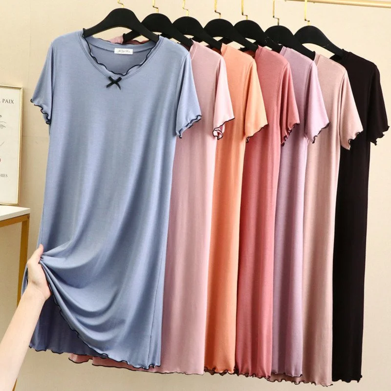 ฤดูร้อน Nightdress ผู้หญิง Modal Cotton ชุดนอนแขนสั้น Nightgowns ชุดนอนชุดนอนสบายๆหลวมฤดูใบไม้ผลิ Homewear PLUS ขนาด