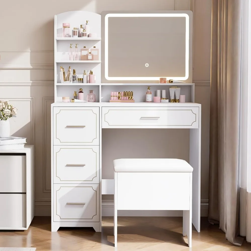 طاولة زينة بمرآة LED مع مخرج طاقة، 5 أرفف، 4 أدراج، مقعد مبطن، مثالية لمكياج وغرفة النوم والخلع الملابس