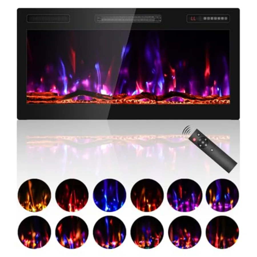 

36-дюймовый электрический камин, встраиваемый настенный ультратонкий линейный обогреватель черного цвета с бревно HD, реалистичное пламя, низкий уровень шума 750/