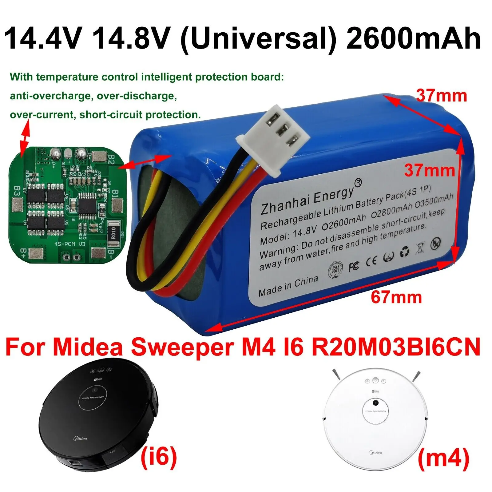 14.4V 14.8V 2600mAh Rechargeable Battery Pack For Midea Sweeper M4 I6 R20M03BI6