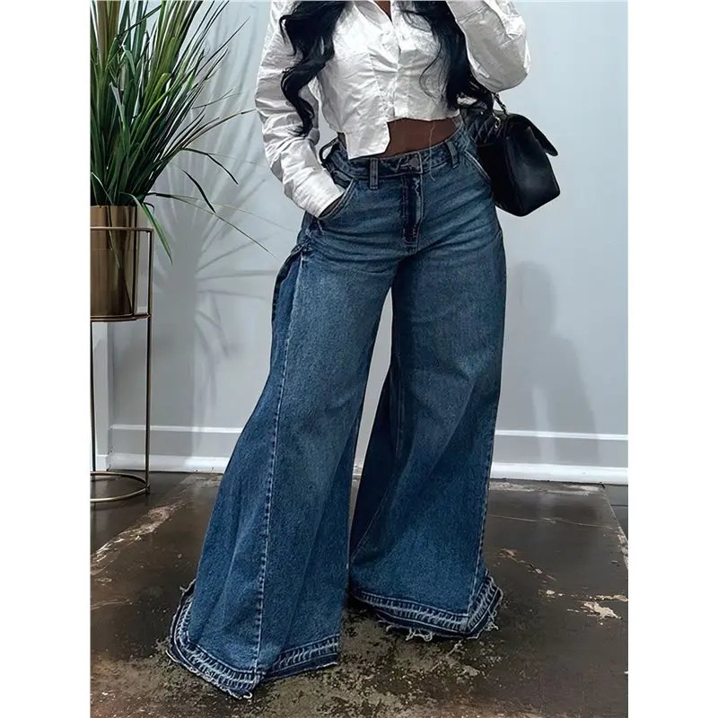 Damskie spodnie jeansowe typu bell bottom, z wysokim stanem, elastyczne, z szerokimi nogawkami, luźne, rozszerzane, plisowane, w stylu vintage, casualowe, z denimu.